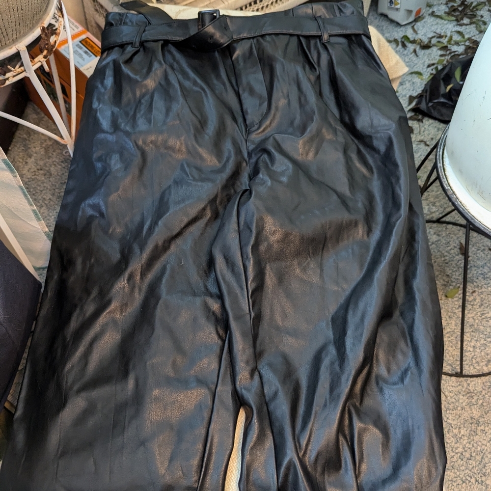 Who What Where Black Faux Leather High-Waisted Pleated Belted  Pants Sz 14
